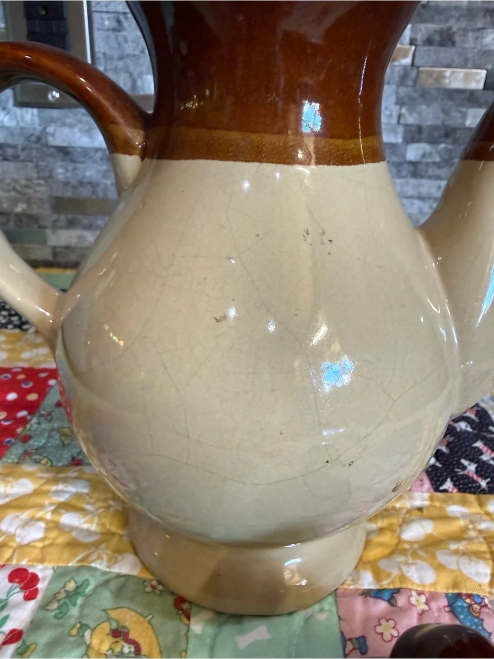 Vintage Two-Tone Stonewear Teapot in Brown and Beige